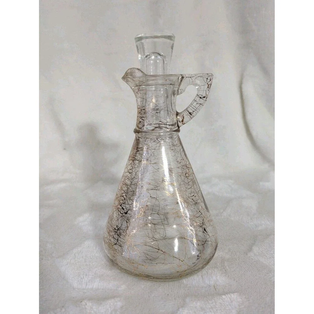Vtg Hazel Atlas Gold Spaghetti String Drizzle Glass Vinegar Or Oil Cruet Bottle
